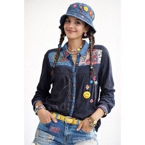 Desigual Black Embroidered Patchwork Boho Button Down Shirt Denim Artsy Unique S